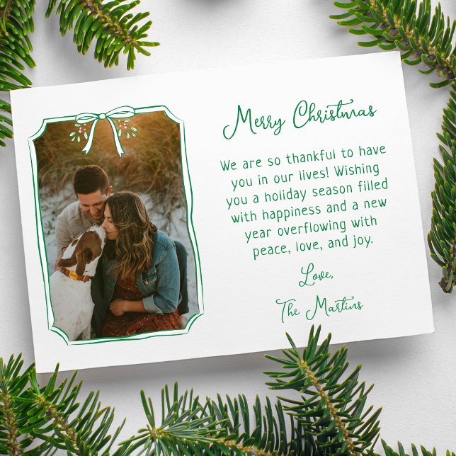 Chic Mistletoe & Bow Anpassningsbar - fotopul Julkort (Warm hearts with a festive card featuring a hand-drawn holiday bow and your cherished memories.)