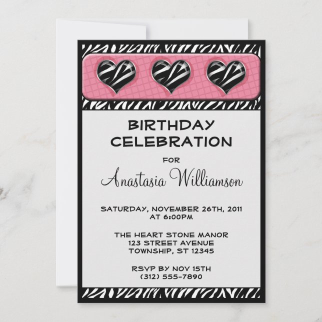 Chic Mitt hjärta Zebra tryck Rosa Birthday Inbjuda Inbjudningar (Framsida)