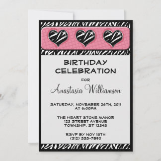 Chic Mitt hjärta Zebra tryck Rosa Birthday Inbjuda Inbjudningar