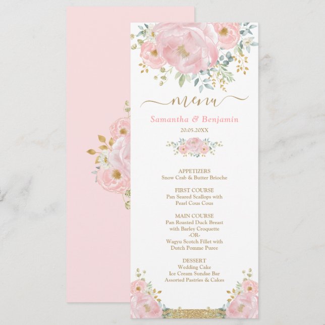 Chic Mjuk Rosa Watercolor Blommigt Bröllop-menykor Inbjudningar (Fram/baksida)