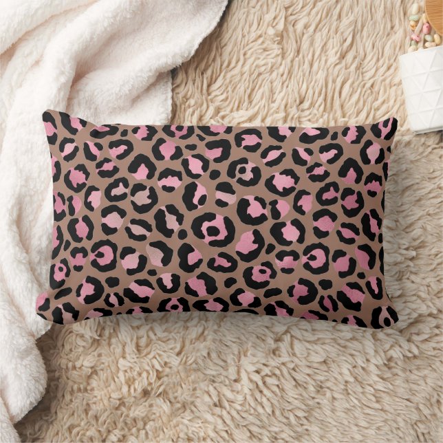 Chic mocha mousse, rosa och svart leopard Print Lumbarkudde (Filt)