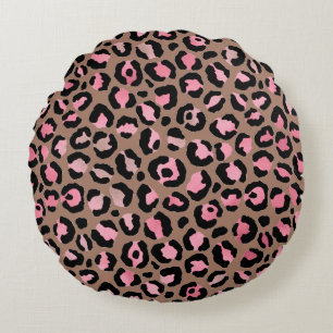 Chic mocha mousse, rosa och svart leopard Print Rund Kudde
