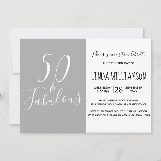 Chic Modern 50 Fabulous Grått 50:e födelsedagen Inbjudningar (Framsida)
