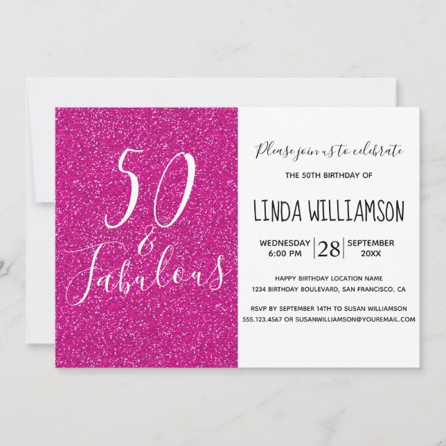 Chic Modern 50 Fabulous Rosa Glitter 50:e födelsed Inbjudningar (Framsida)