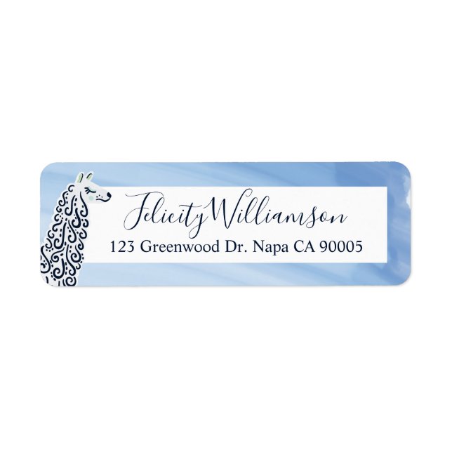 Chic, Modern blå vattenfärg och lamabild Returadress Etikett (Framsidan)