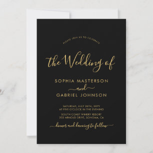 Chic Modern Black and Guld Script Photo Bröllop Inbjudningar
