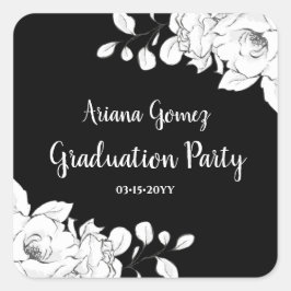 Chic Modern Black and White Blommigt Studenten Fyrkantigt Klistermärke