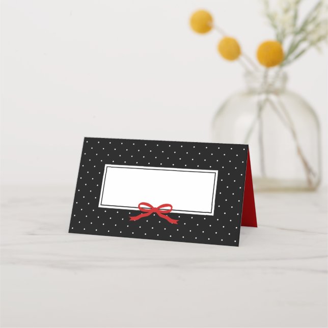 Chic Modern Black Polka Dot med Red Ribbon Placeringskort (Framsida)