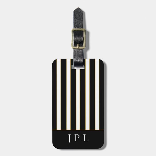 Chic Modern Black White Guld Stripe Monogram Lugg Bagagebricka (Vertikal Framsida)