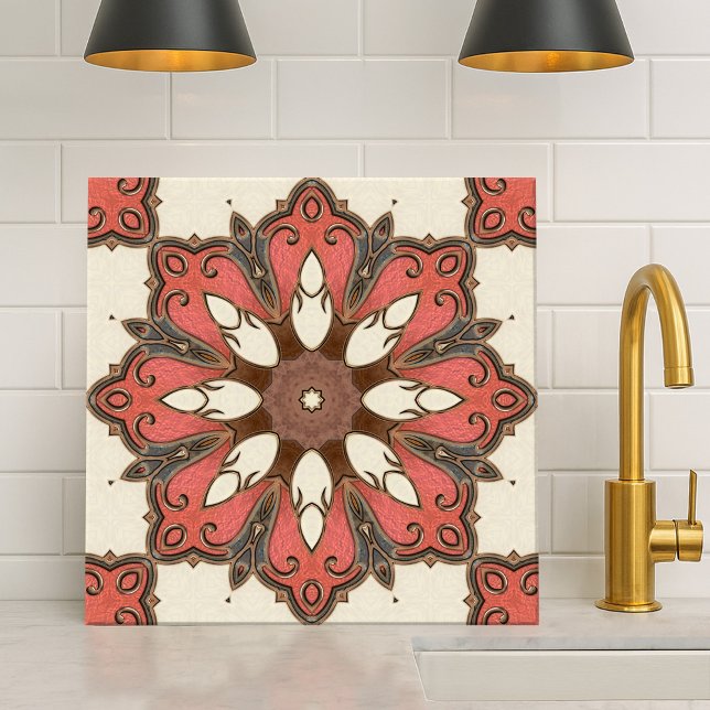 Chic Modern Blommigt Geometric Design Tile Kakelplatta (Metallic design tile featuring a geometric floral pattern inspired by Italian Mediterranean art)