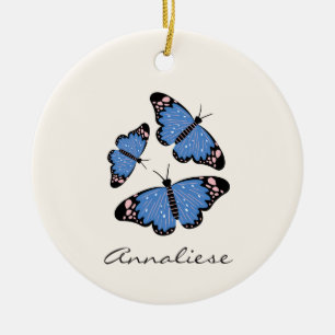 Chic Modern Blue Butterfly Design Personlig Julgransprydnad Keramik