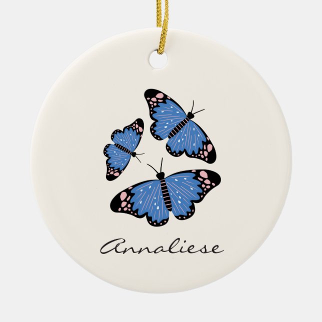 Chic Modern Blue Butterfly Design Personlig  Julgransprydnad Keramik (Framsidan)