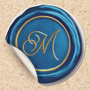 Chic Modern Blue & Guld Monogram Vax sälschetter Runt Klistermärke