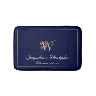 Chic Modern Blue Monogram Namn Newlyed Bröllop Badrumsmatta