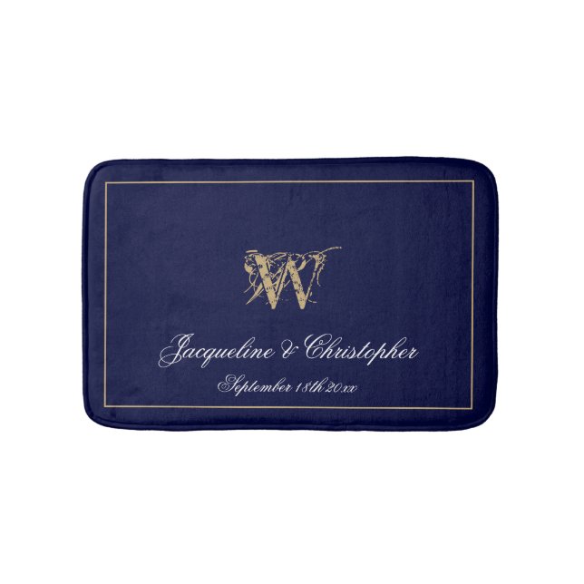 Chic Modern Blue Monogram Namn Newlyed Bröllop Badrumsmatta (Framsidan)