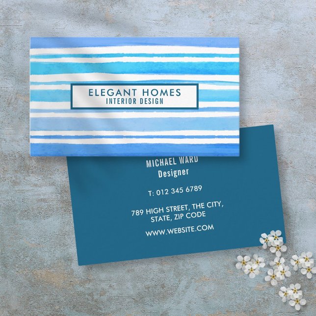 Chic Modern Blue Watercolor Rand Visitkort (Chic Modern Blue Watercolor Stripes Business Card)