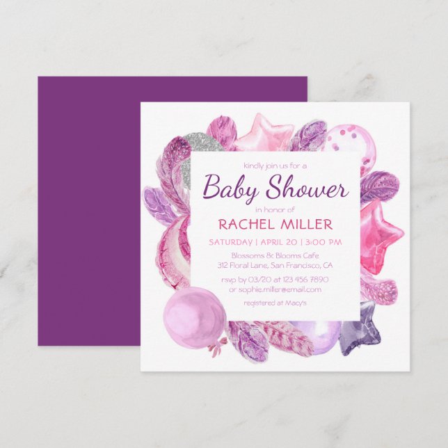 Chic Modern Boho Watercolor Girly Rosa Baby Shower Inbjudningar (Fram/baksida)