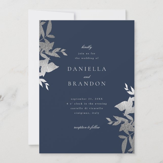 Chic Modern botaniska faux-flottan i Silver Bröllo Inbjudningar (Framsida)