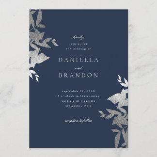 Chic Modern botaniska faux-flottan i Silver Bröllo Inbjudningar