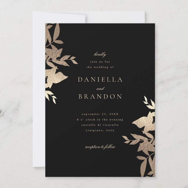 Chic Modern botaniska faux Guld Black Bröllop Inbjudningar (Framsida)