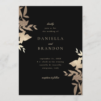 Chic Modern botaniska faux Guld Black Bröllop Inbjudningar