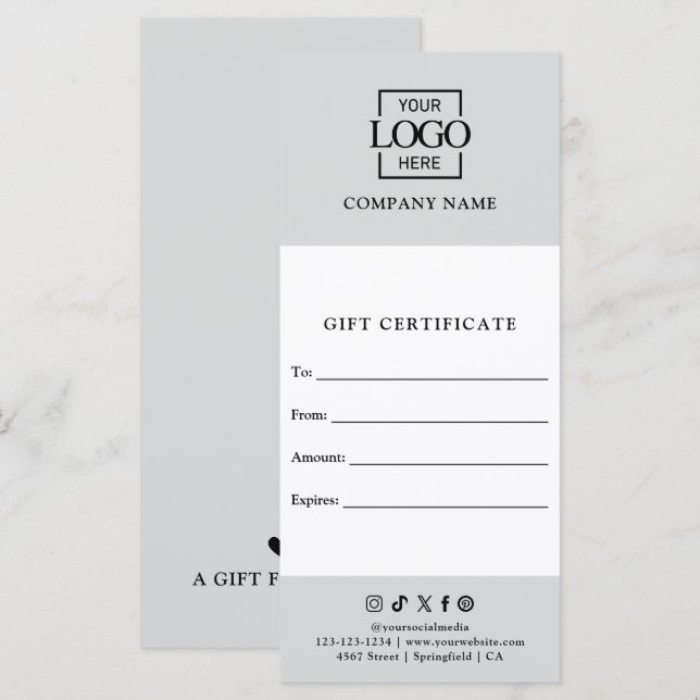 Chic Modern Business Gift Certificate with Logo (Fram/baksida)