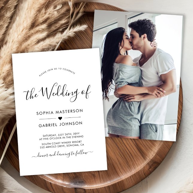 Chic Modern Calligraphy Script Heart Photo Bröllop Inbjudningar (Skapare uppladdad)