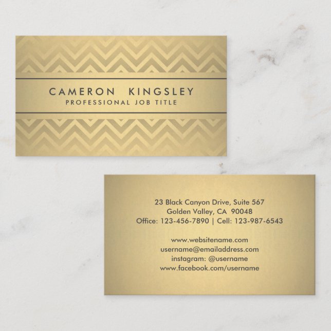 Chic Modern Chevron Black and Faux Gold Foil Visitkort (Fram/baksida)