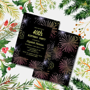 Chic Modern Colorful Fireworks Black Birthday Inbjudningar