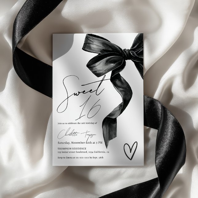 Chic Modern Coquette Black Bow Sweet 16 födelsedag Inbjudningar (Chic Modern Coquette Black Bow Sweet 16 Birthday Invitation)