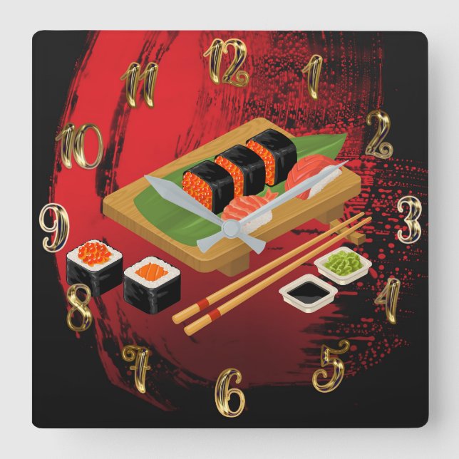 Chic Modern Elegant Black & Red Sushi Fyrkantig Klocka (Framsida)