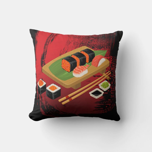 Chic Modern Elegant Black & Red Sushi Kudde (Framsida)