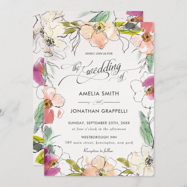 Chic Modern Elegant Watercolor Blommigt Bröllop Inbjudningar (Fram/baksida)