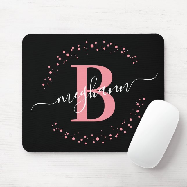 Chic Modern Girly Rosa Black Namn-skript, Monogram Musmatta (Med mus)