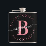 Chic Modern Girly Rosa Svart Namn Script Monogram Fickplunta<br><div class="desc">Girly, modern, elegant, trendig, rosa och svart, vit monogram initial bokstavskrift anpassad personlig monogrammerad flaska. Med en monogram-initial och en girly namnmanus i en handskriven kalligrafi svans typsnitt och prickad cirkelram runt din monogram. Perfekt feminint gåva till flickvän, syster, mamma, födelsedag, bröllop, bröllopsfest, eller någon som älskar snygga stiliga saker....</div>