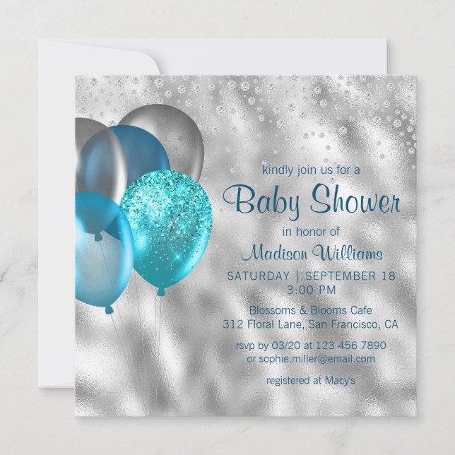 Chic Modern Glitter-ballonger Turkos Baby Shower Inbjudningar (Framsida)