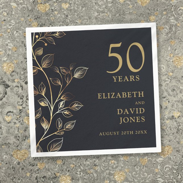 Chic Modern Guld Blommigt 50:e Bröllop-årsdagen Pappersservett (Chic Modern Gold Floral 50th Wedding Anniversary Napkins)