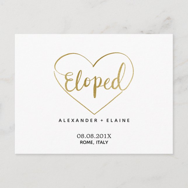 Chic Modern Guld Heart Elopement Bröllop Giftermål Vykort (Framsida)