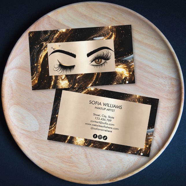 Chic Modern Guld Makeup Ögon Beauty Salon Lash Visitkort (liquid gold and wink eyes makeup artist business card)