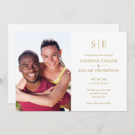 Chic Modern Guld Monogram Photo Bröllop Inbjudningar
