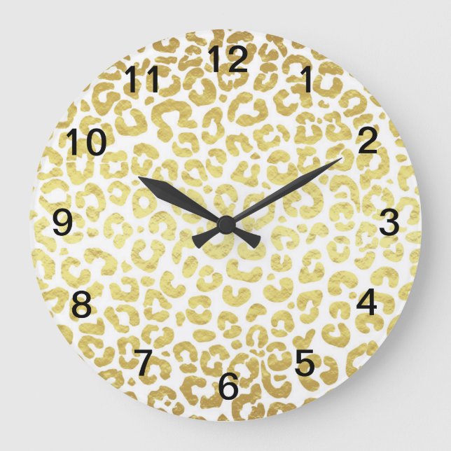 Chic Modern Guld White Leopard Jaguar Cheetah Stor Klocka (Framsida)