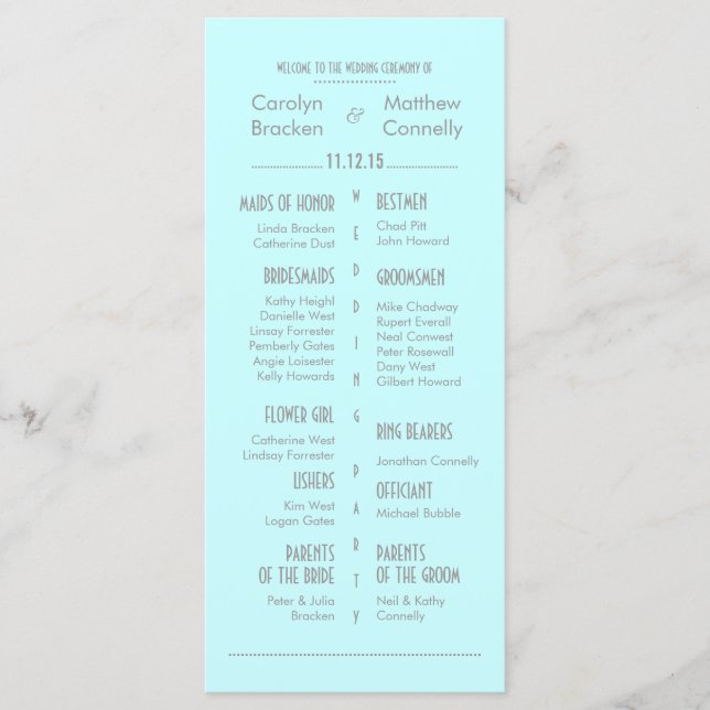 Chic Modern Mint Blue Bröllopsprogram Rack Card Program (Framsida)