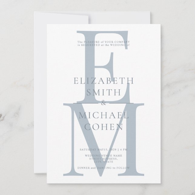 Chic Modern Monogram Initial Dusty Blue Bröllop Inbjudningar (Framsida)
