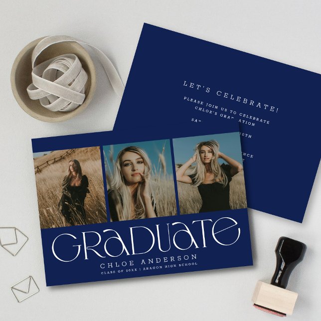 Chic Modern Navy Blue 3 Photo Studenten Meddelande (Skapare uppladdad)