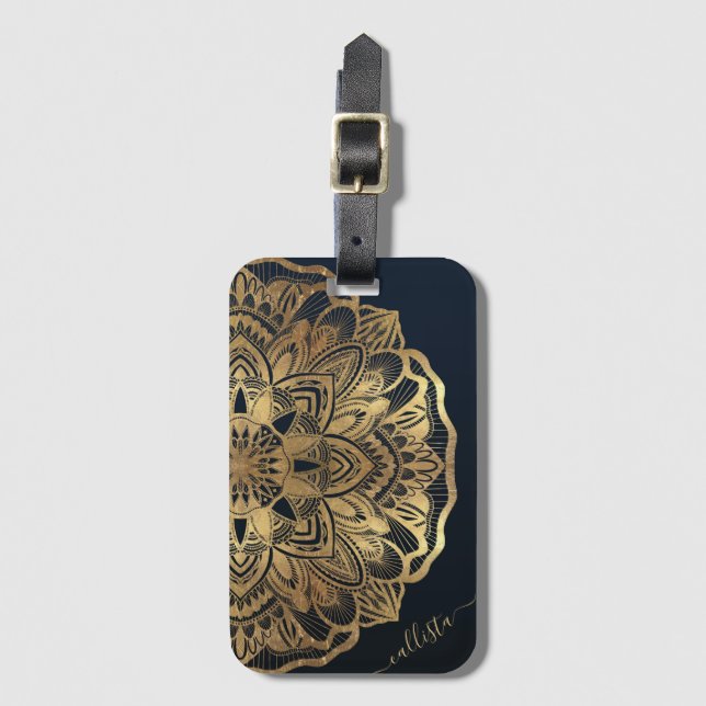 Chic Modern Navy Blue Guld Mandala Bagagebricka (Framsida vertikal)