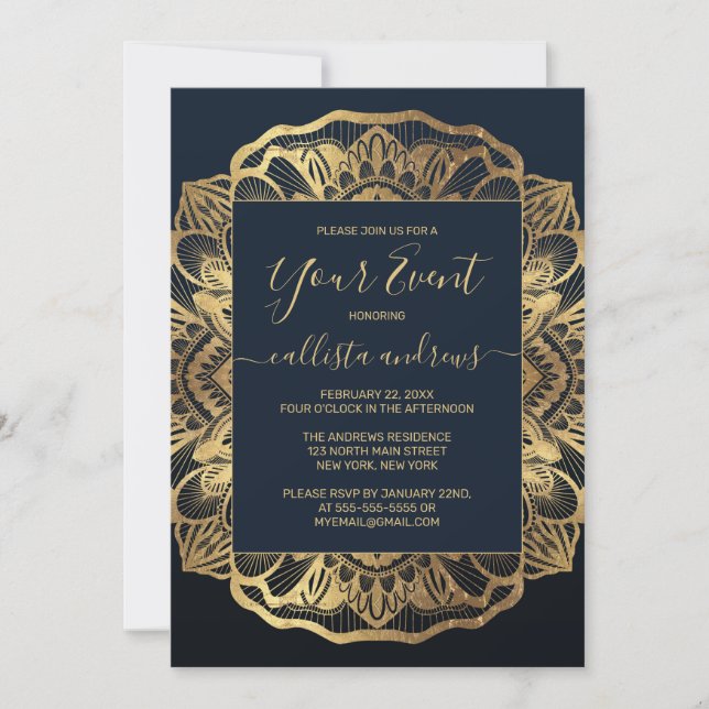 Chic Modern Navy Blue Guld Mandala Inbjudningar (Framsida)