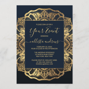 Chic Modern Navy Blue Guld Mandala Inbjudningar