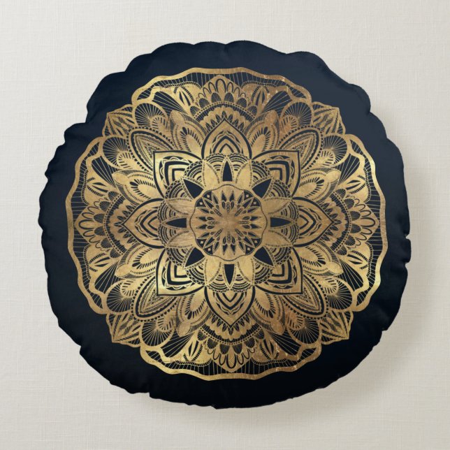 Chic Modern Navy Blue Guld Mandala Rund Kudde (Framsidan)