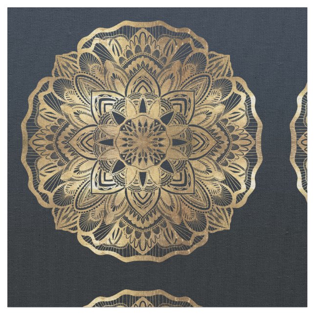 Chic Modern Navy Blue Guld Mandala Tyg (Närbild)