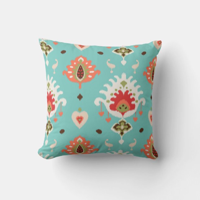Chic modern orange turkos ikat tribal mönster kudde (Framsida)